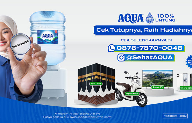 Poster AQUA 100% Untung. Cek Tutupnya, Raih Hadiahnya!